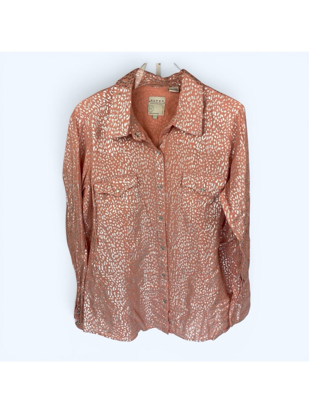 Roper Women's Snap-down Shirt Metallic Leopard Spot Print Pink 1X